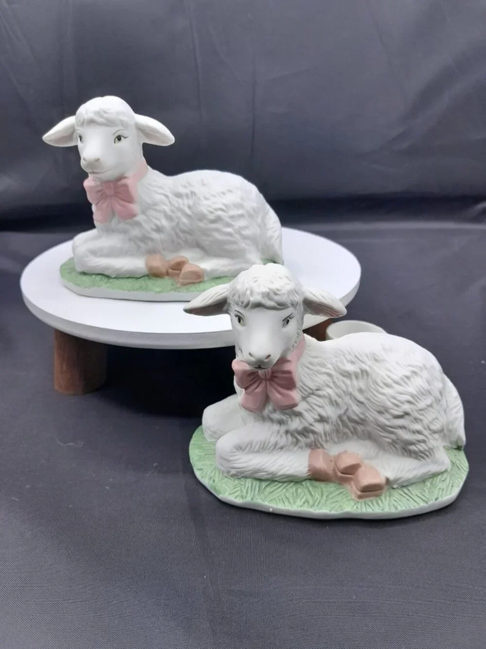 (2) WHITE LAMB PORCELAIN BISQUE TAPER CANDLE HOLDERS SPRING SUMMER EASTER VTG.